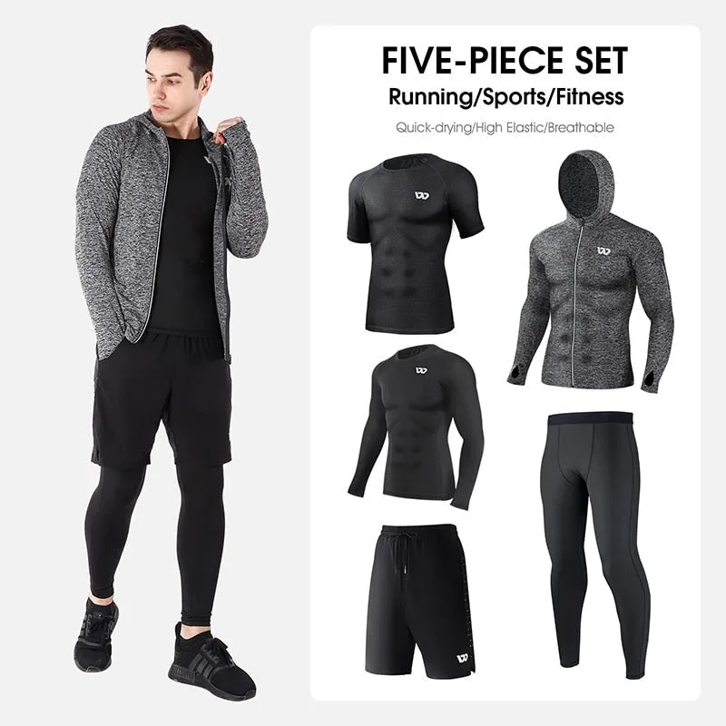 5Pcs Sport Suits Men's Compression Pants Shirt Top Long Sleeve Jacket Athletic Sets Gym Clothing Mens Workout