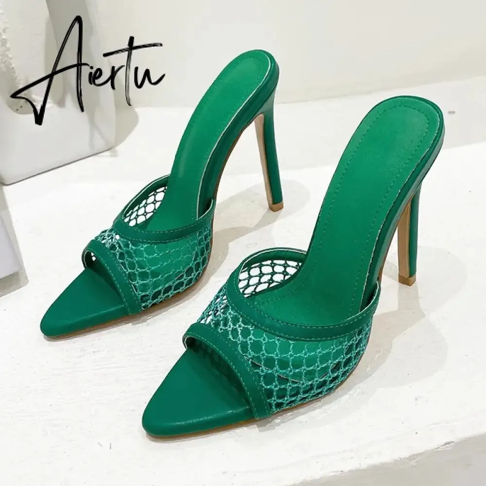 Aiertu New Sexy Pointed Head Peep Toe High Heel Mesh Slippers Summer Fashion Slip On Thin Heels Slides Women Mules Party