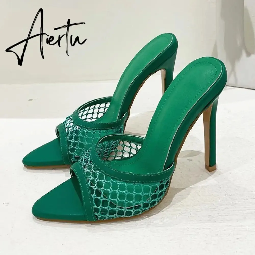 Aiertu New Sexy Pointed Head Peep Toe High Heel Mesh Slippers Summer Fashion Slip On Thin Heels Slides Women Mules Party