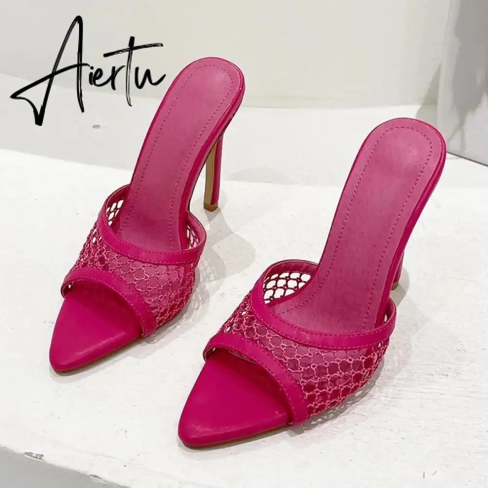 Aiertu New Sexy Pointed Head Peep Toe High Heel Mesh Slippers Summer Fashion Slip On Thin Heels Slides Women Mules Party