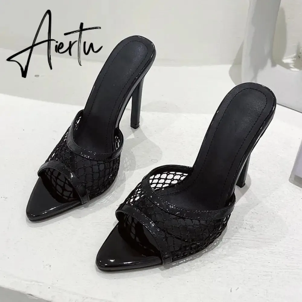 Aiertu New Sexy Pointed Head Peep Toe High Heel Mesh Slippers Summer Fashion Slip On Thin Heels Slides Women Mules Party