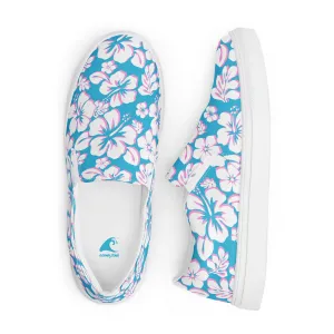 Aqua Blue, Pink and White Hawaiian Flowers Men’s Slip On Canvas Shoes