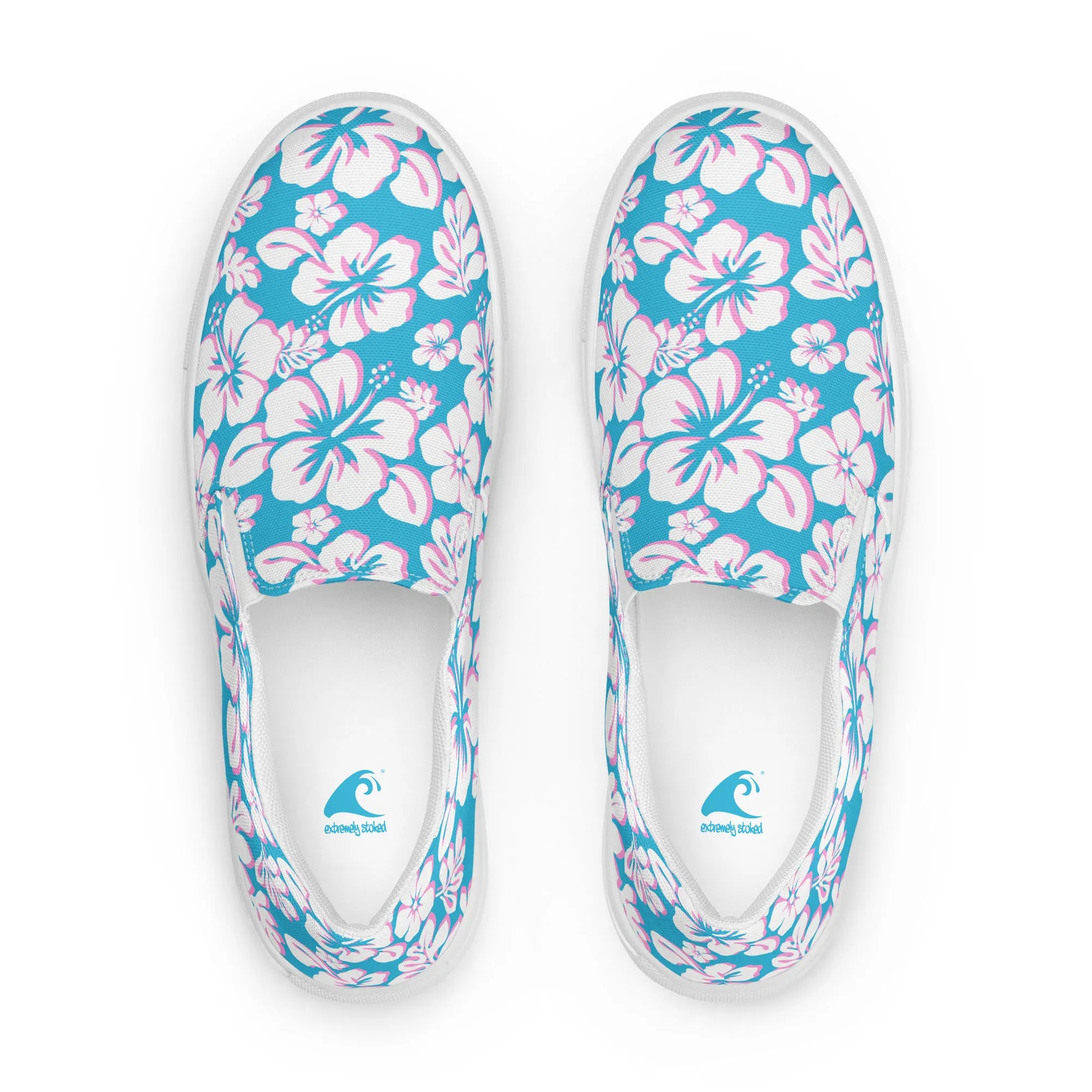 Aqua Blue, Pink and White Hawaiian Flowers Men’s Slip On Canvas Shoes