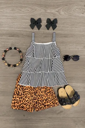 Black & White Stripe Ruffle Cheetah Short Set