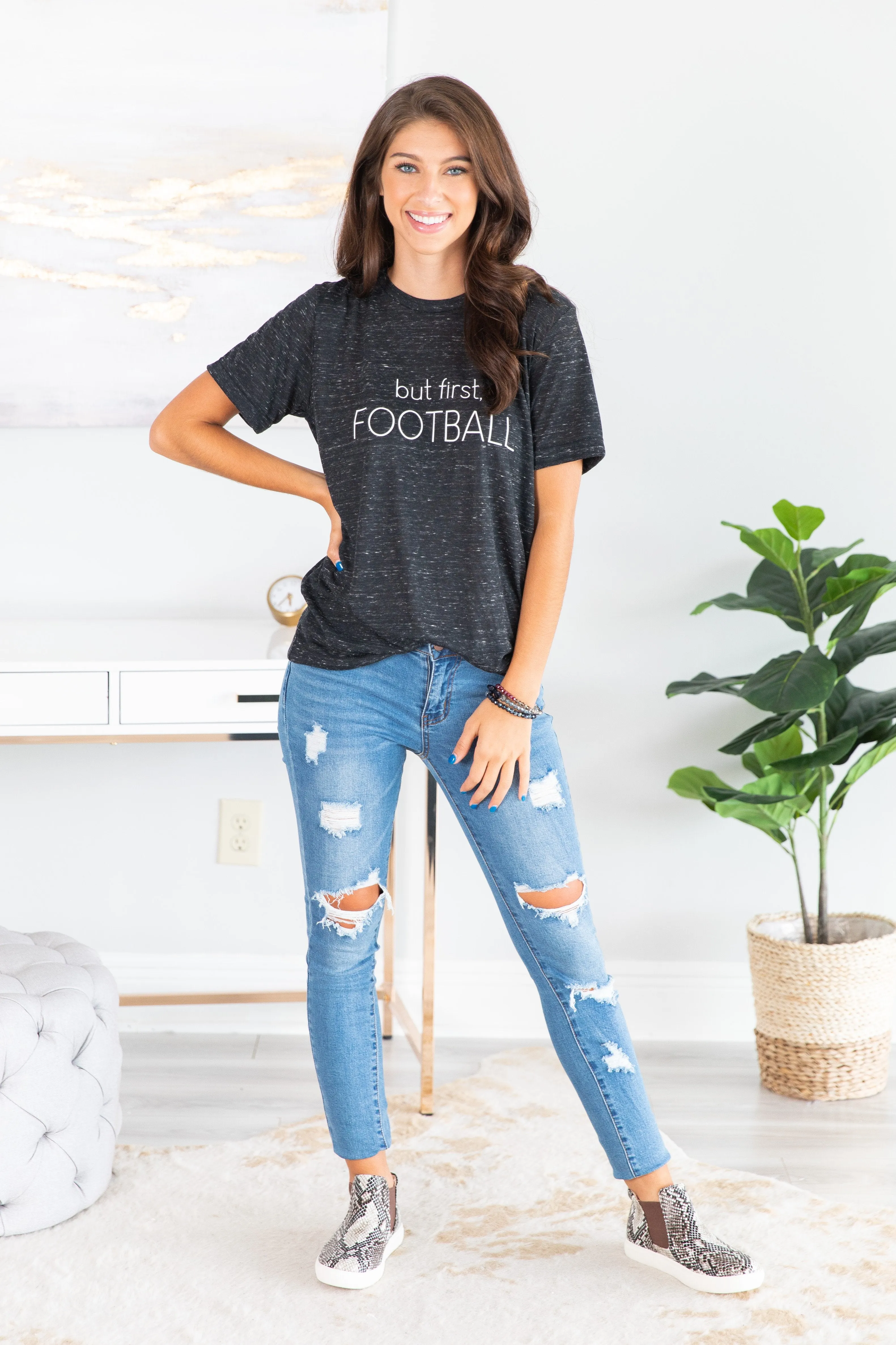 But First Football Black Marble Graphic Tee