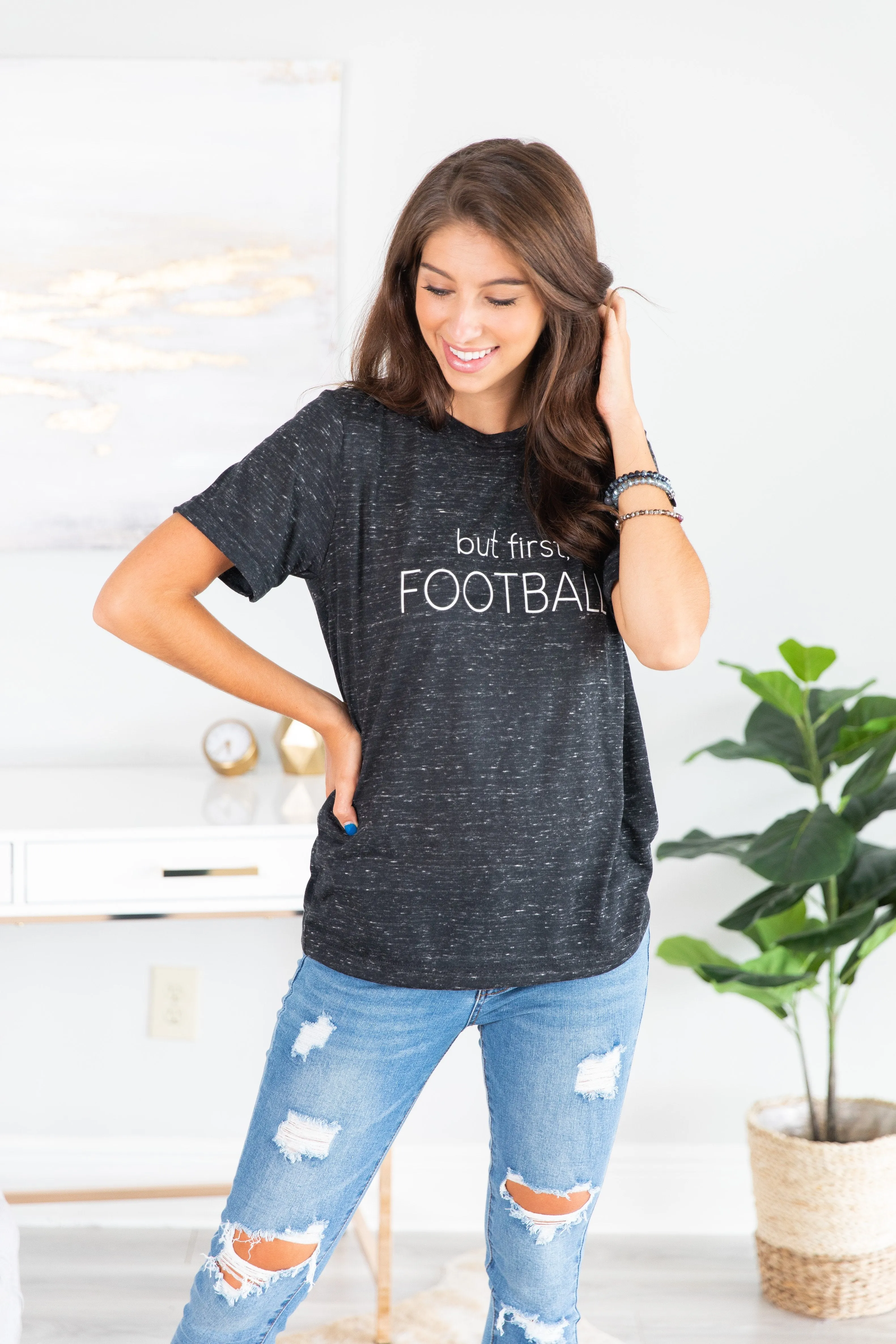 But First Football Black Marble Graphic Tee