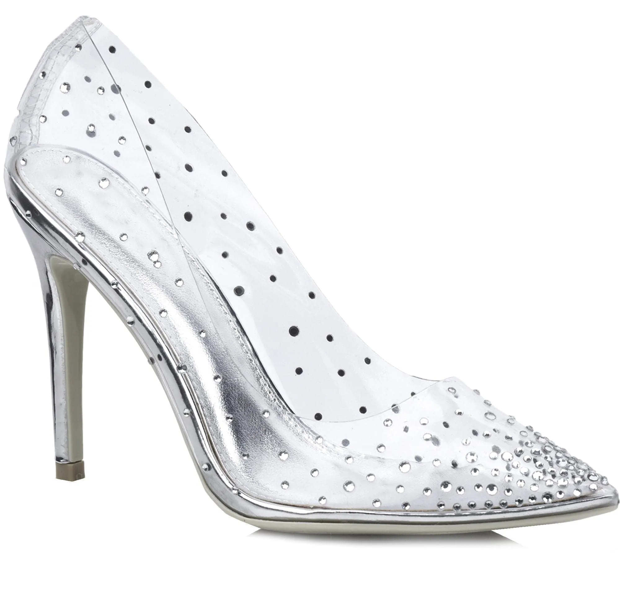 Cindy All Diamante Perspex Court Shoe in Silver