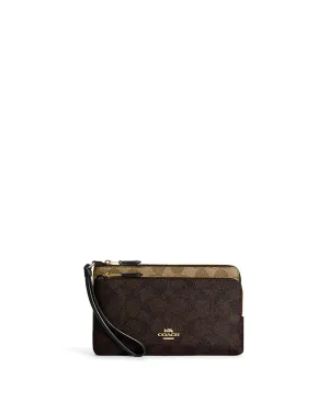 Coach Women's Khaki & Brown Multi Double Zip Wallet In Blocked Signature Canvas