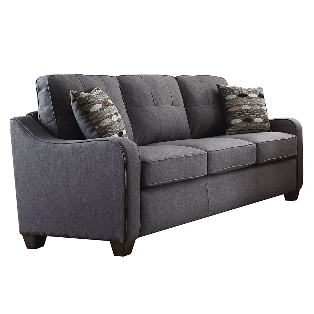 Contemporary Linen Upholstered Wooden Sofa with Two Pillows, Gray