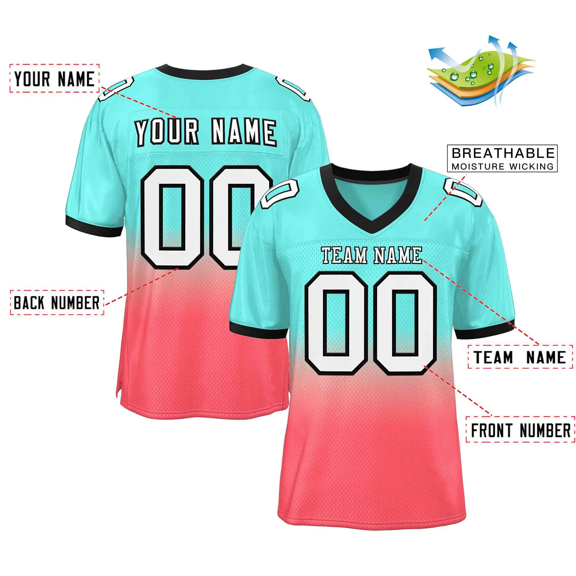 Custom Aqua Light Red White-Black Gradient Fashion Outdoor Authentic Football Jersey