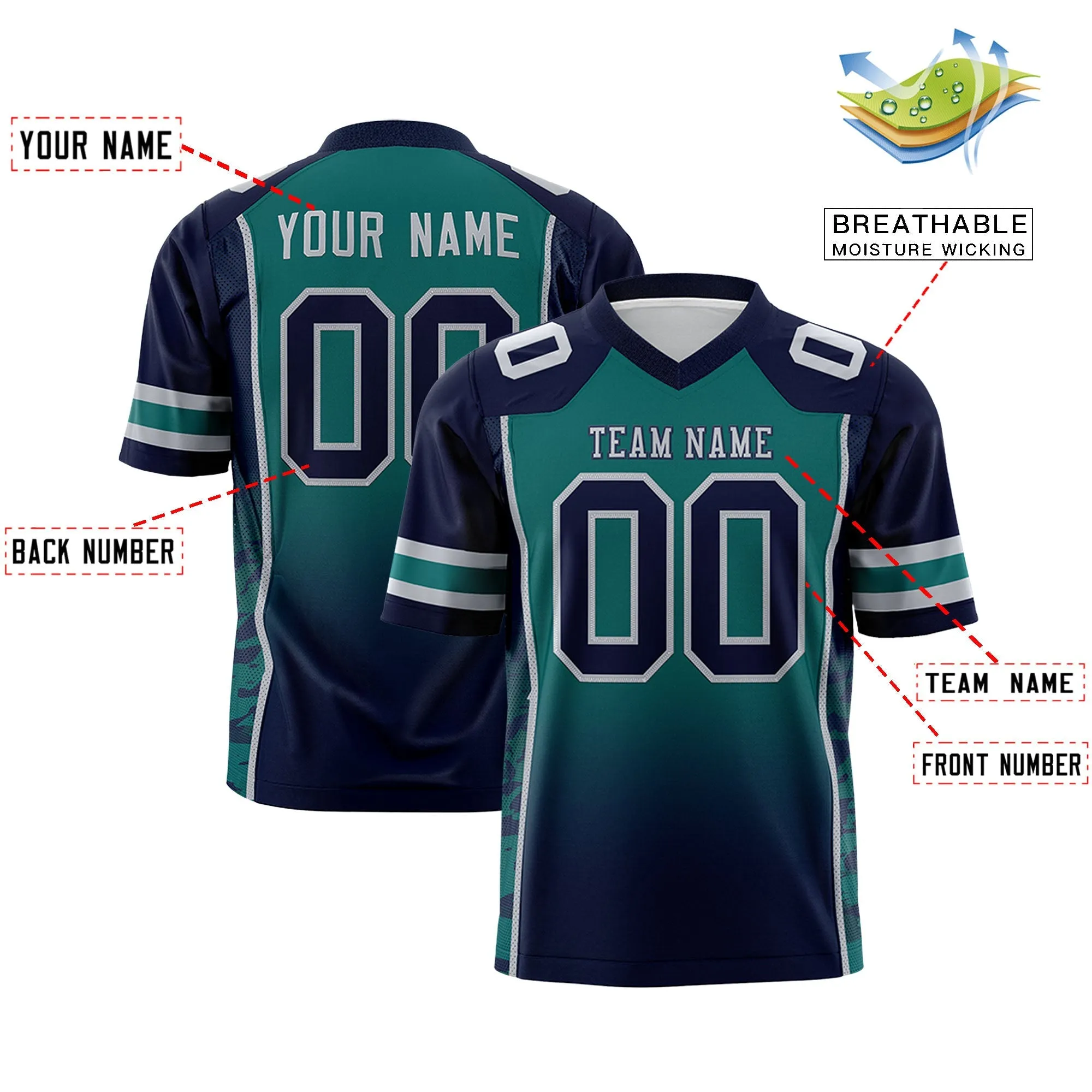 Custom Aqua Navy Gradient Personalized Side Pattern Authentic Football Jersey