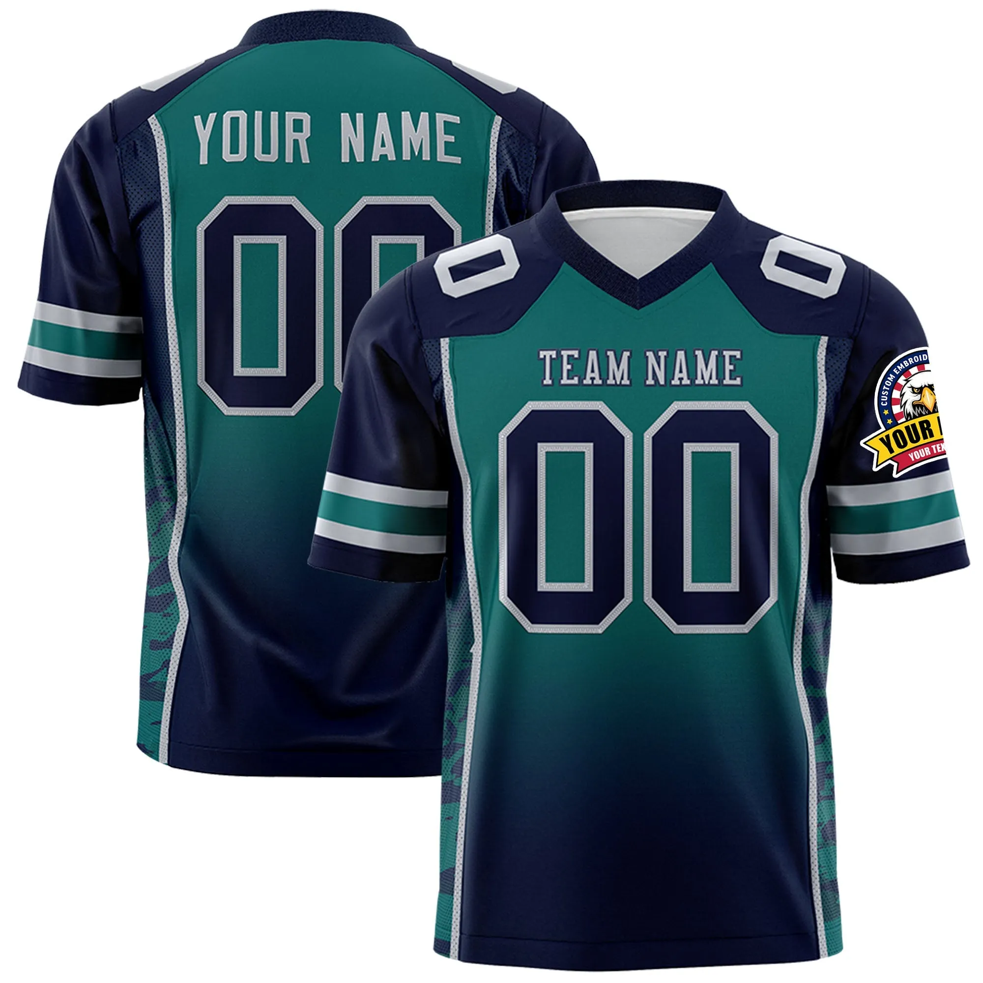 Custom Aqua Navy Gradient Personalized Side Pattern Authentic Football Jersey