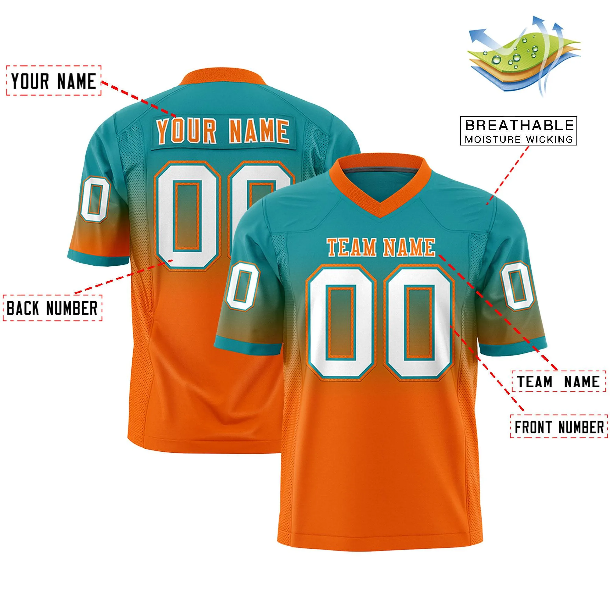 Custom Aqua Orange Gradient Fashion Personalized Authentic Football Jersey