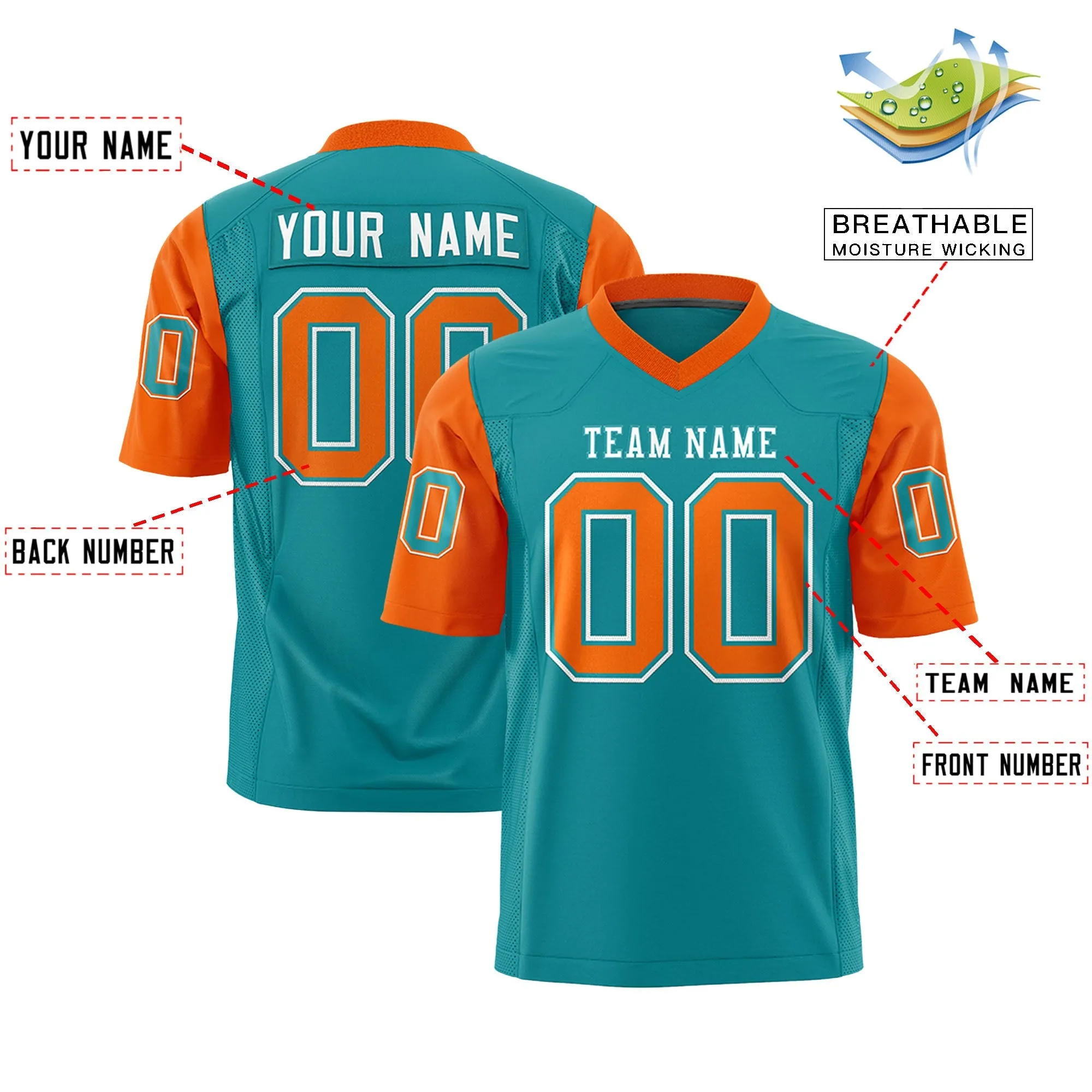 Custom Aqua Orange Personalized Raglan Sleeves Design Authentic Football Jersey