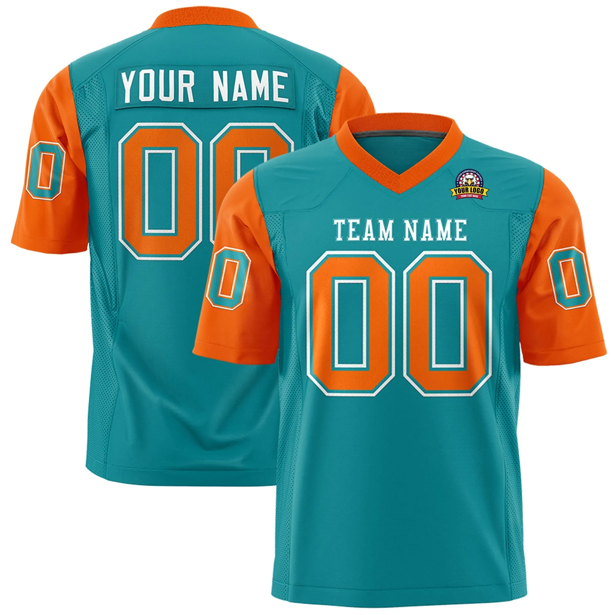 Custom Aqua Orange Personalized Raglan Sleeves Design Authentic Football Jersey