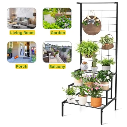 ecofynd Bloom Plant Stand for Balcony, Metal Planter Stand for Outdoor Plants, 4 Tier High Flower Pot Holder, 3 Steps Plant Stand, Big Rack for Home Garden (PS007-BLK)