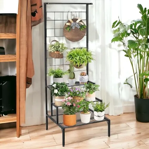 ecofynd Bloom Plant Stand for Balcony, Metal Planter Stand for Outdoor Plants, 4 Tier High Flower Pot Holder, 3 Steps Plant Stand, Big Rack for Home Garden (PS007-BLK)