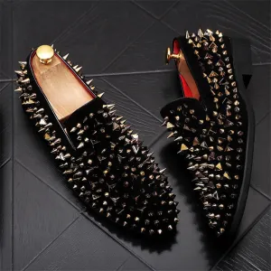 Edgy Gothic Men's Black & Gold Spiked Drivers Moccasins Opera Pump