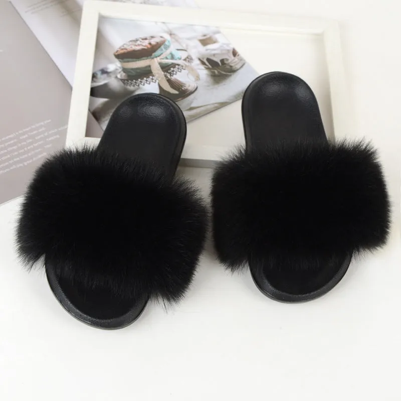 Faux Fox Fur Slippers Women Non Slip Plush Slippers