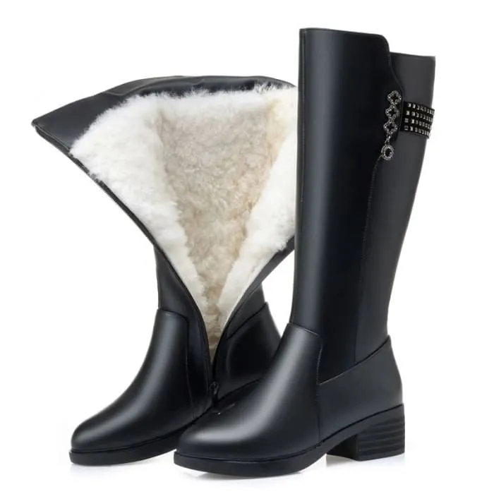 Genuine Leather Thick Wool Female Long Boots