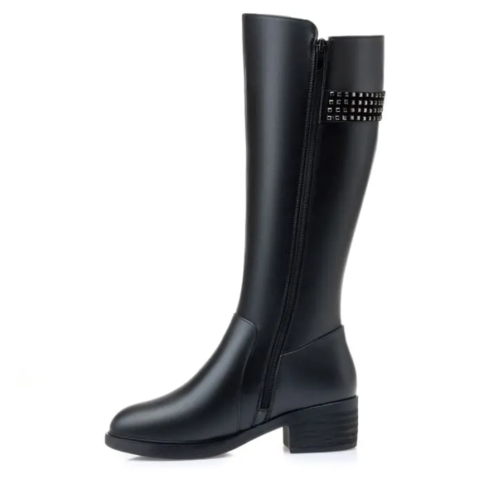 Genuine Leather Thick Wool Female Long Boots