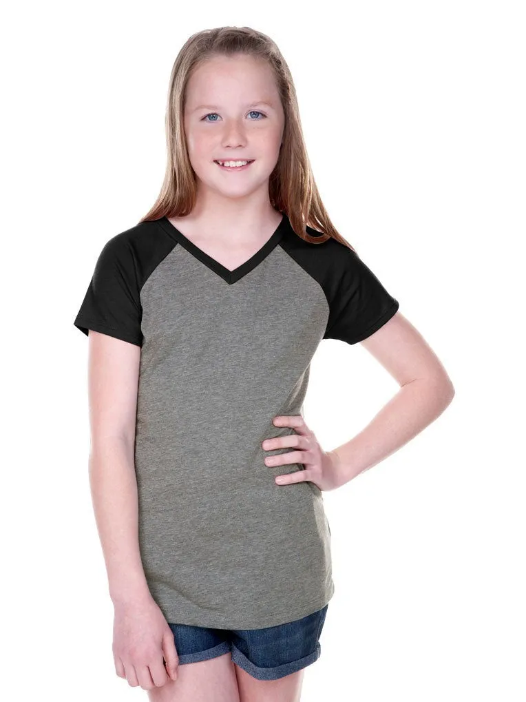 Girls 8-16 Jersey Contrast V Neck Raglan Short Sleeve Tee-f