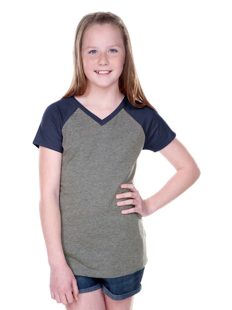 Girls 8-16 Jersey Contrast V Neck Raglan Short Sleeve Tee-f