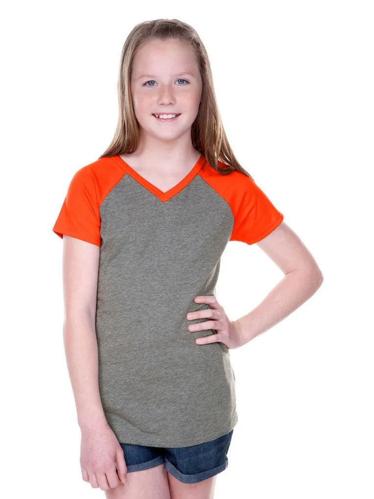 Girls 8-16 Jersey Contrast V Neck Raglan Short Sleeve Tee-f