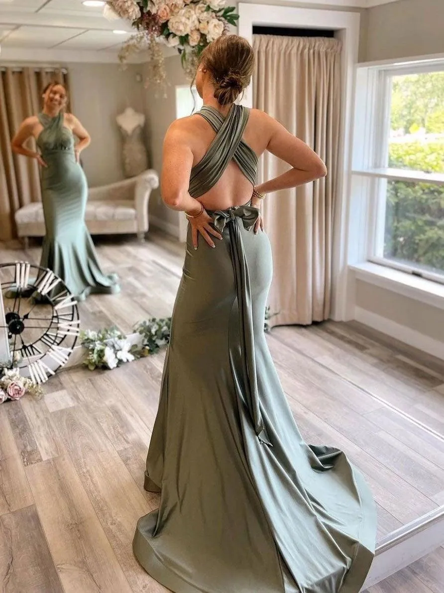 Gray Green Satin Mermaid Bridesmaid Dresses With Sweep Train  BD089