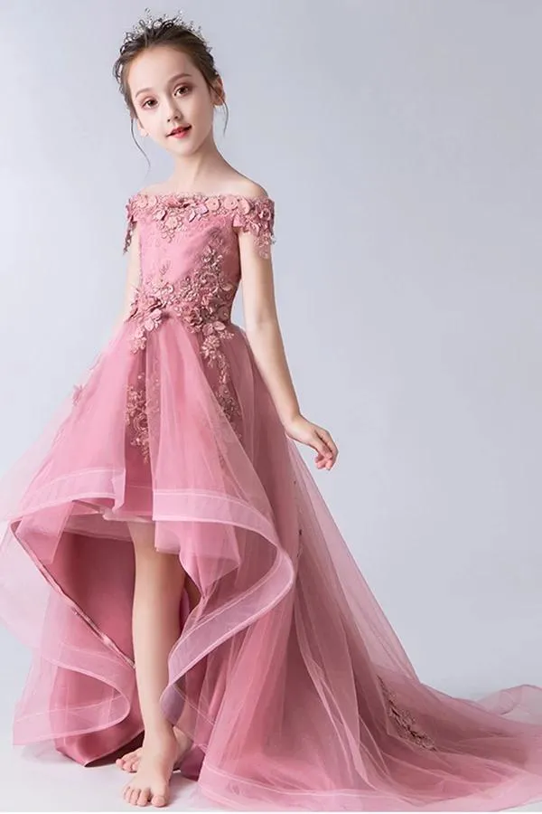 High Low Gorgeous Off the Shoulder With Lace Appliques Sleeveless Tulle Flower Girl Dresses UF071