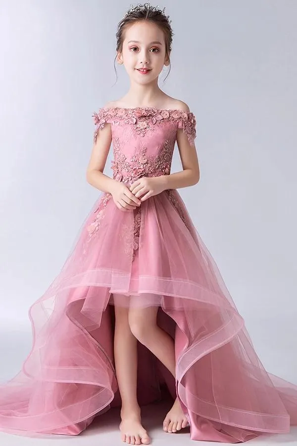 High Low Gorgeous Off the Shoulder With Lace Appliques Sleeveless Tulle Flower Girl Dresses UF071