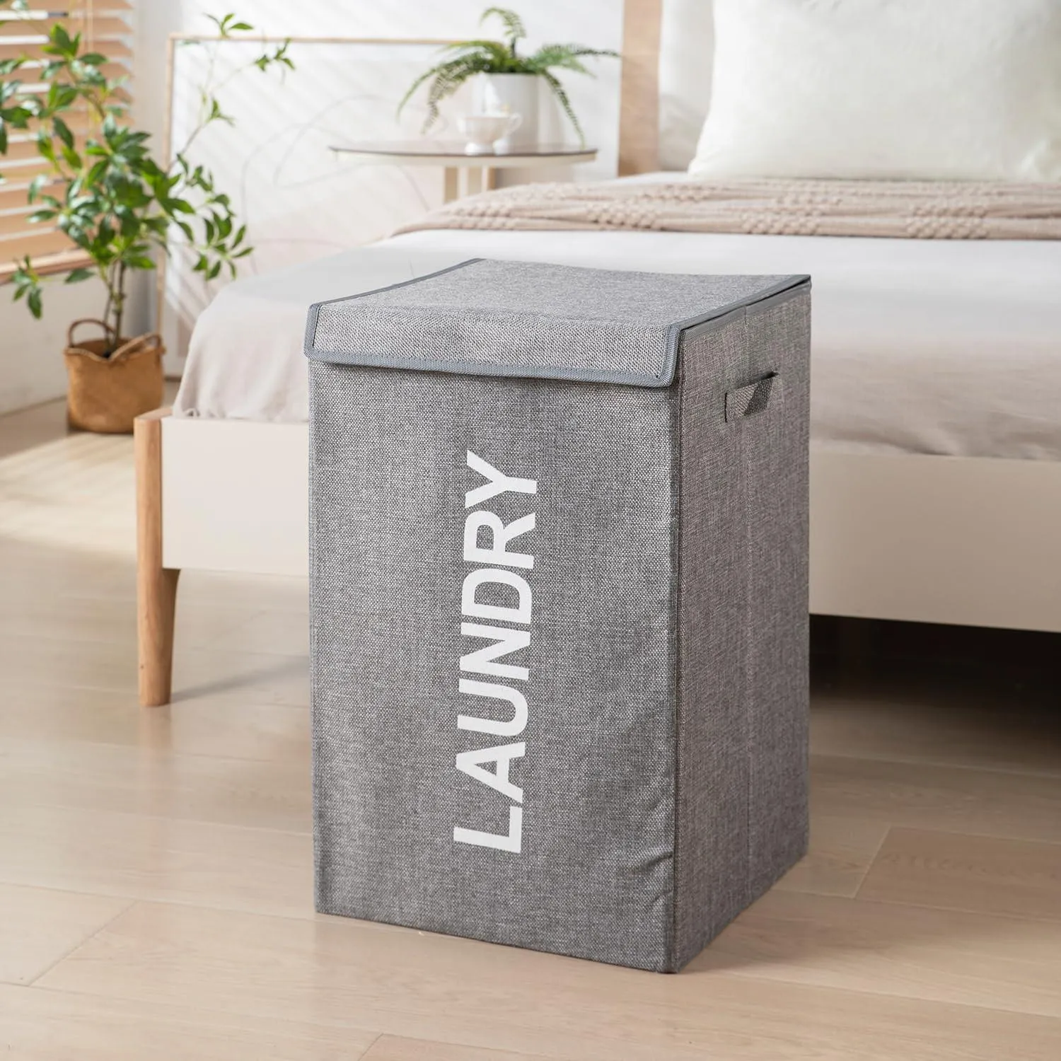 HOKIPO Jute Foldable Laundry Basket For Clothes With Lid & Handle, Grey