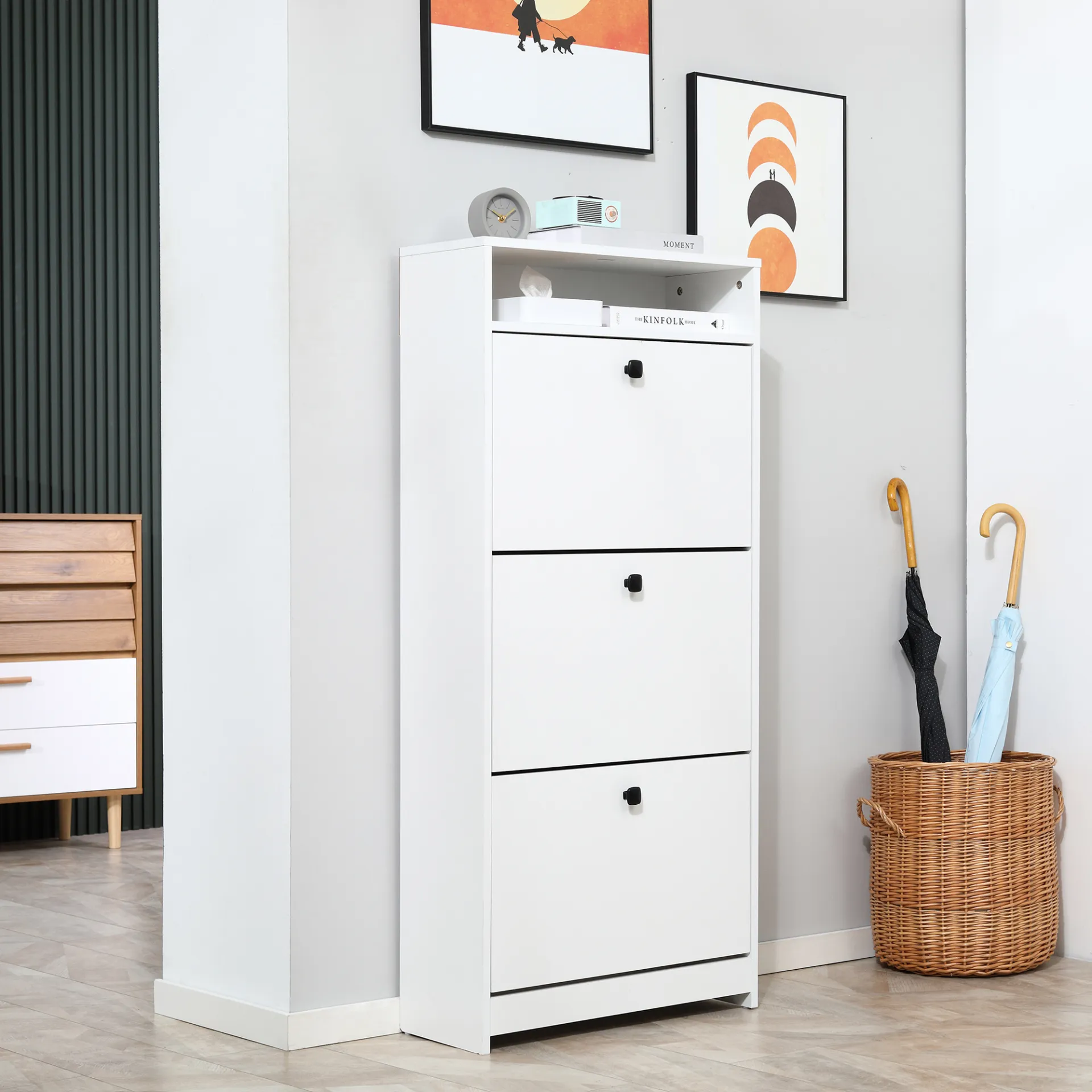 HOMCOM Space-saving White Shoe Storage Cabinet with 3 Drawers for Hallway Footwear Organization