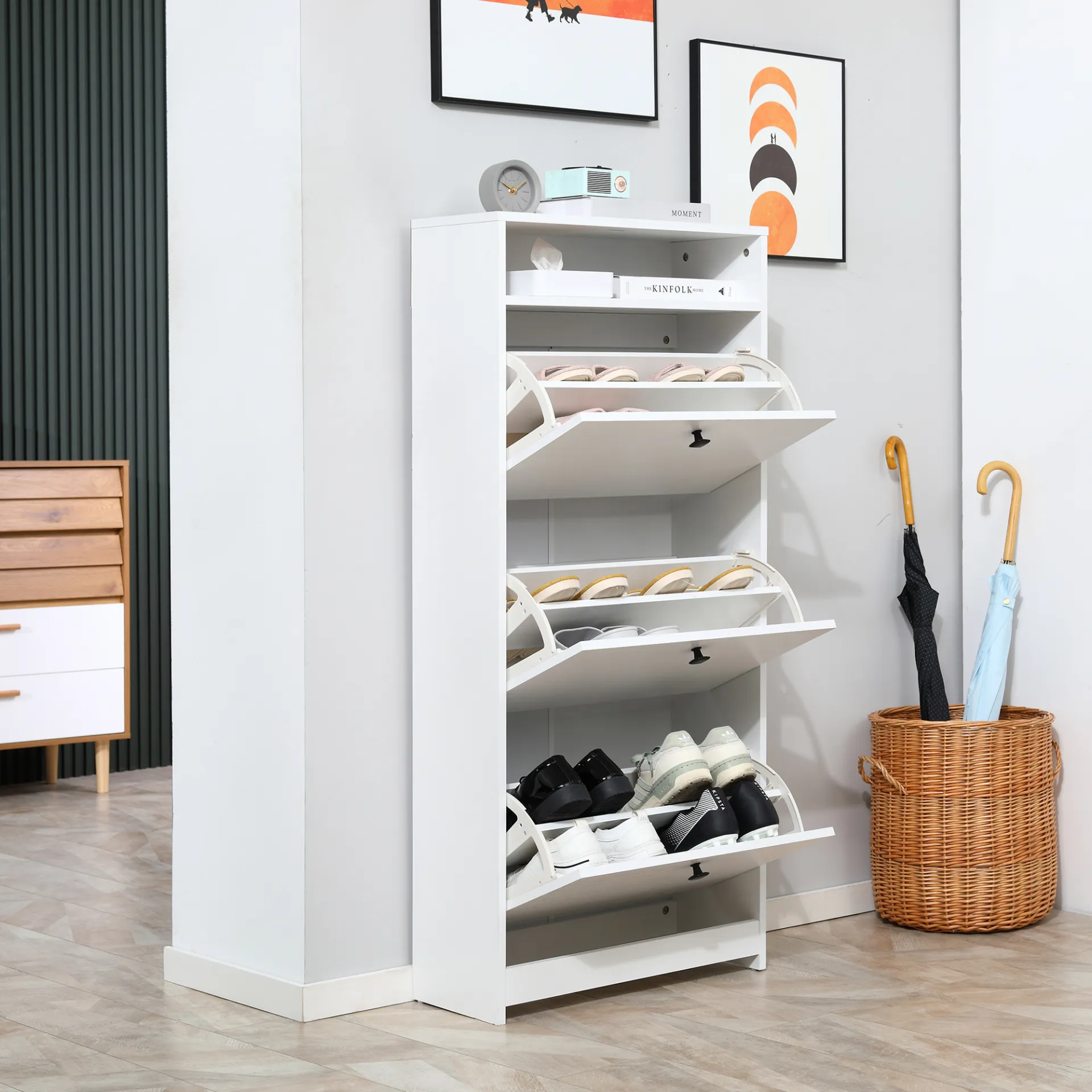 HOMCOM Space-saving White Shoe Storage Cabinet with 3 Drawers for Hallway Footwear Organization