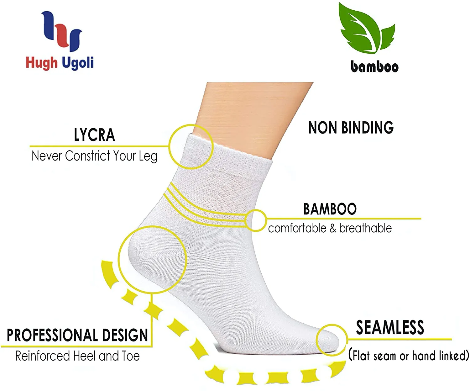 Hugh Ugoli Women's Loose Diabetic Ankle Socks, Bamboo, Wide, Thin, Seamless Toe and Non-Binding Top, 4 Pairs