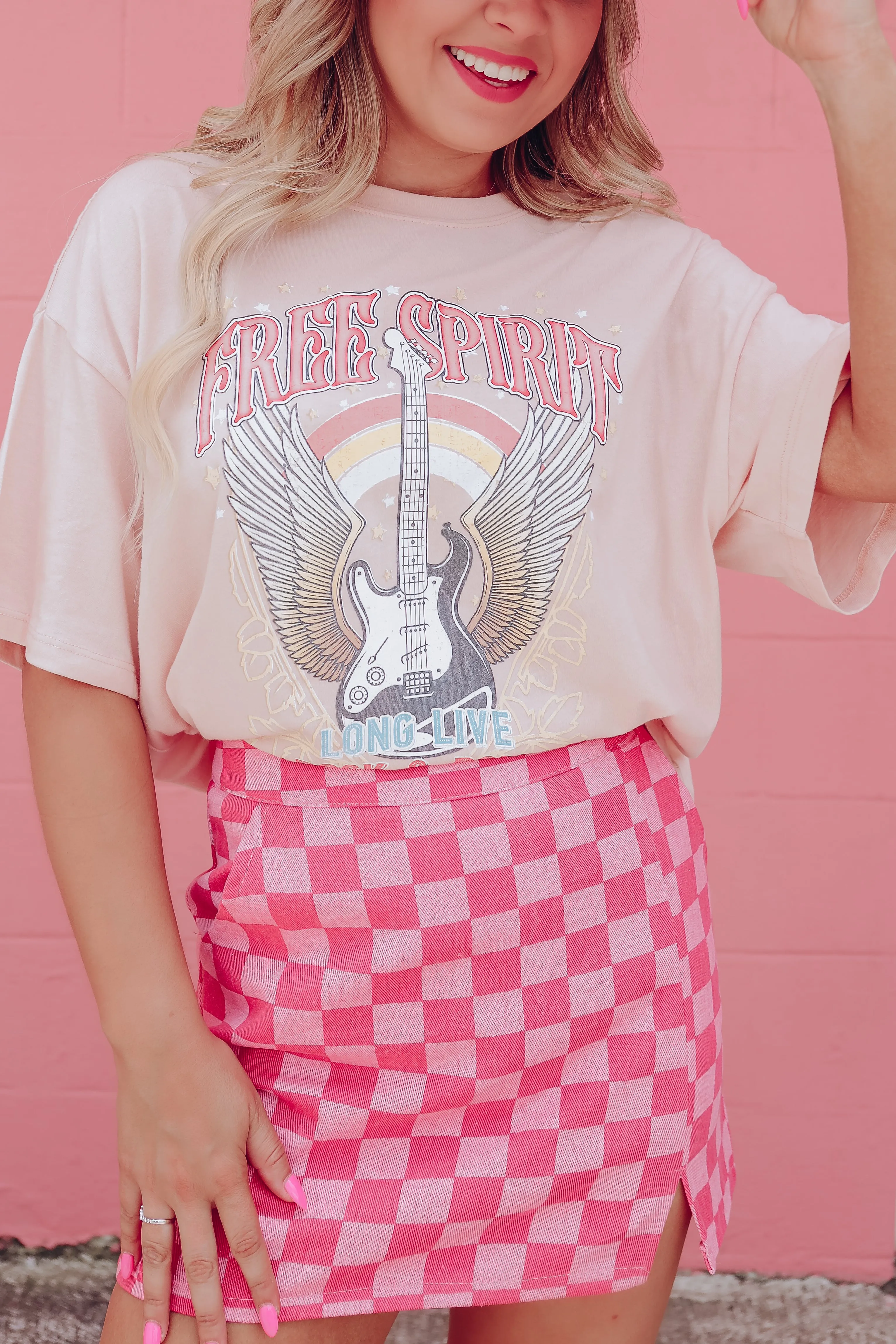 Long Live Free Graphic Crop Top - Light Pink