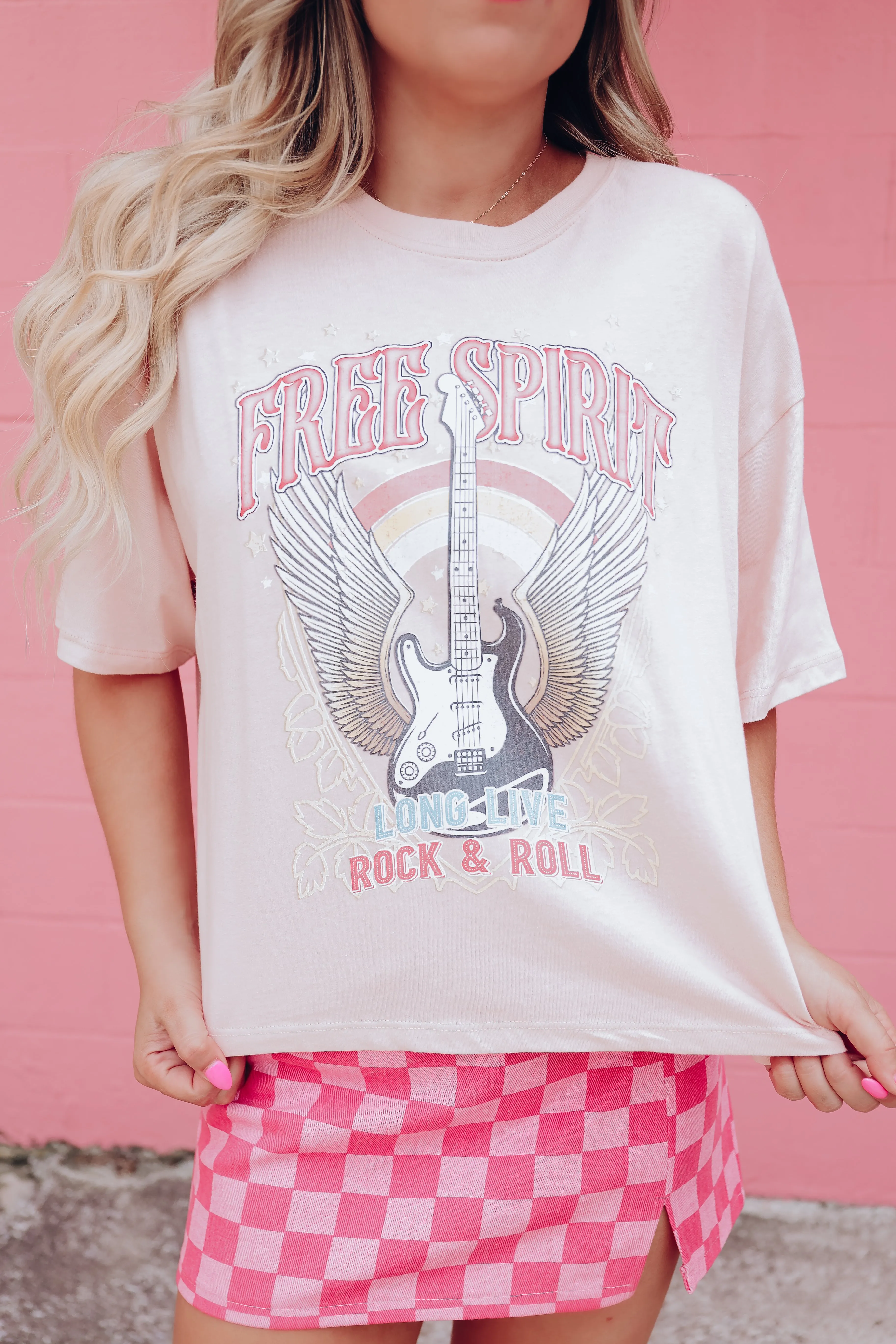 Long Live Free Graphic Crop Top - Light Pink