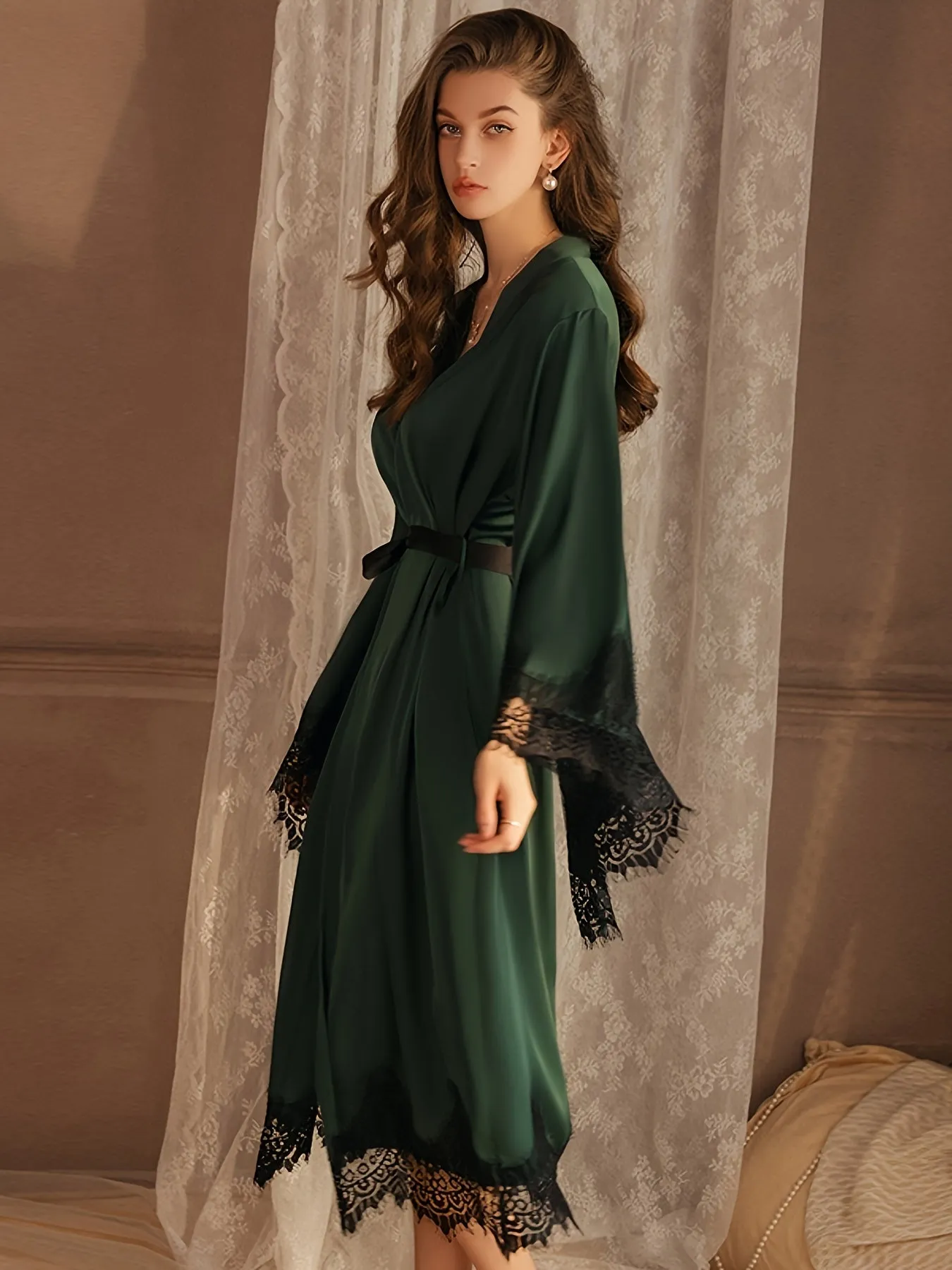 Luxurious Solid Satin Long Sleeve V Neck Night Robe - Women's Sleepwear & Dresses - Soft, Elegant, and Comfortable with Lace Trim and Belt for a Relaxing Night's Sleep