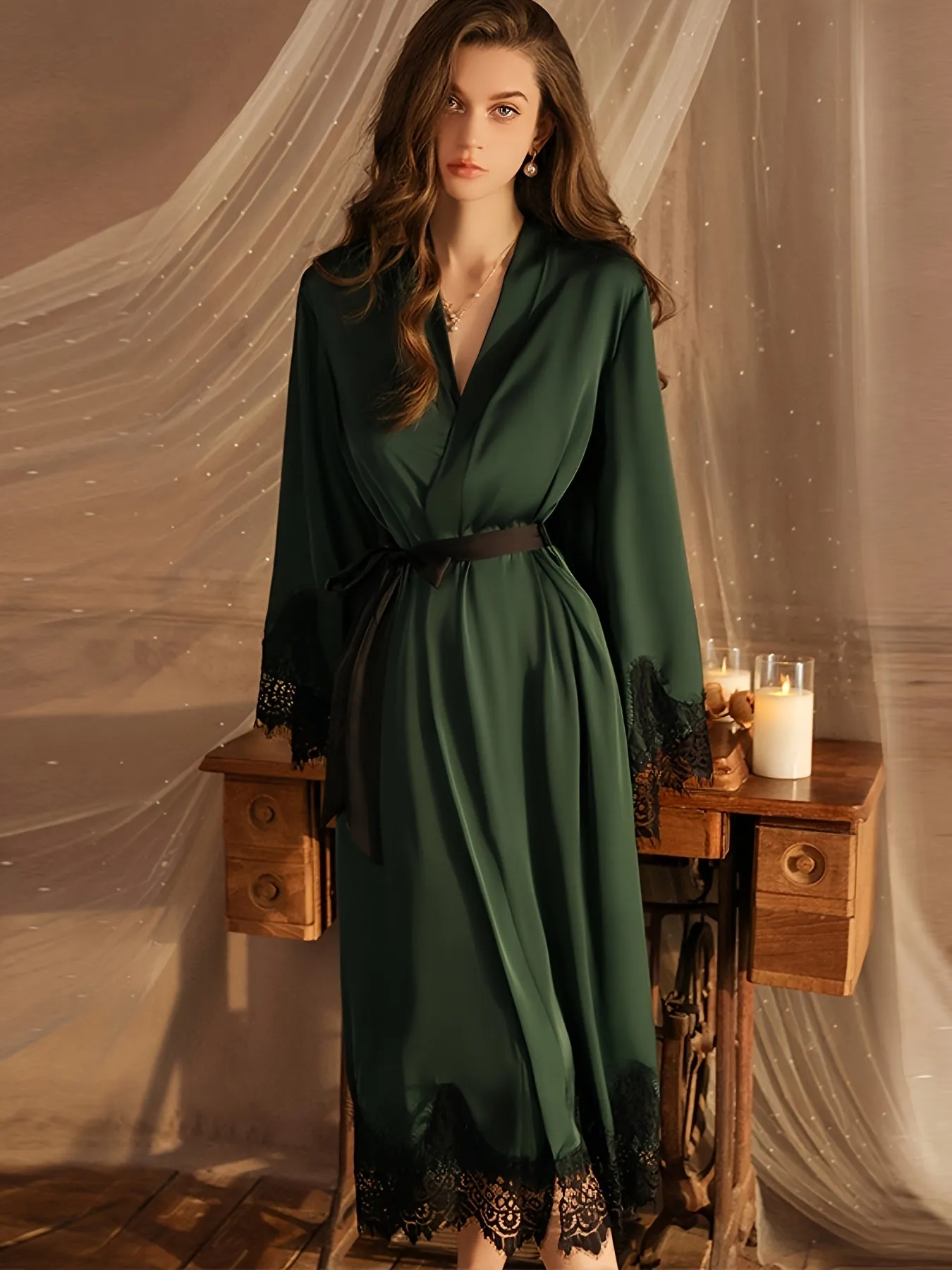 Luxurious Solid Satin Long Sleeve V Neck Night Robe - Women's Sleepwear & Dresses - Soft, Elegant, and Comfortable with Lace Trim and Belt for a Relaxing Night's Sleep