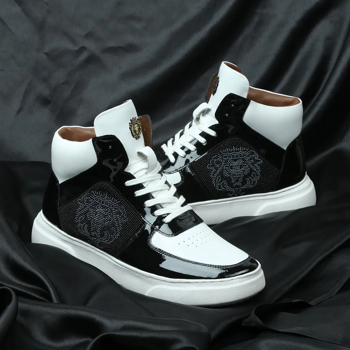 Men's Black White Patent Leather detailing Mid Top Sneakers By Brune & Bareskin