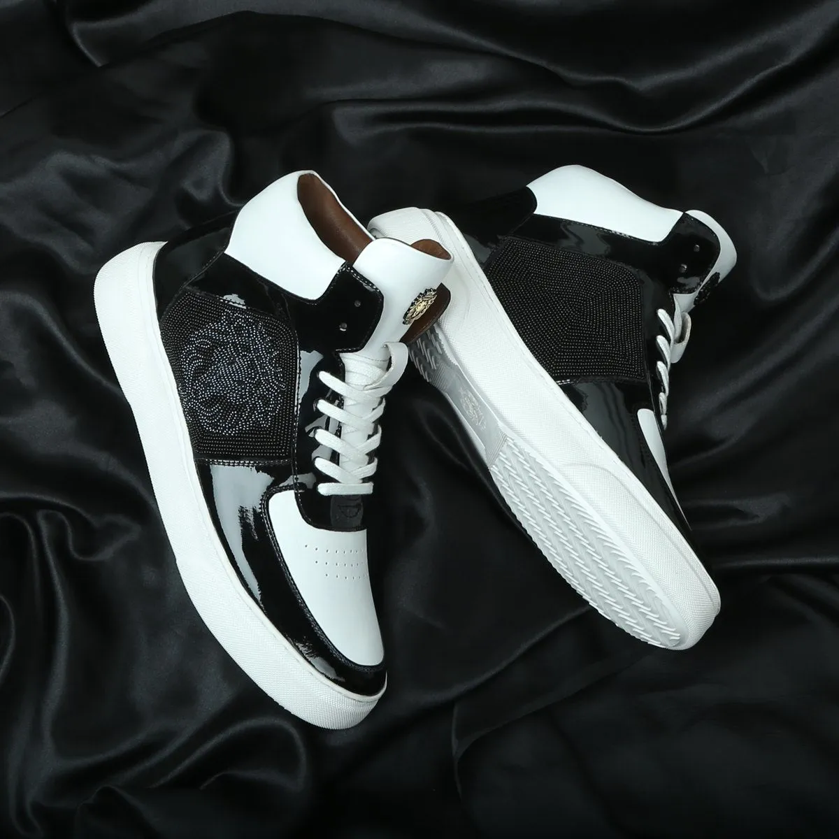 Men's Black White Patent Leather detailing Mid Top Sneakers By Brune & Bareskin