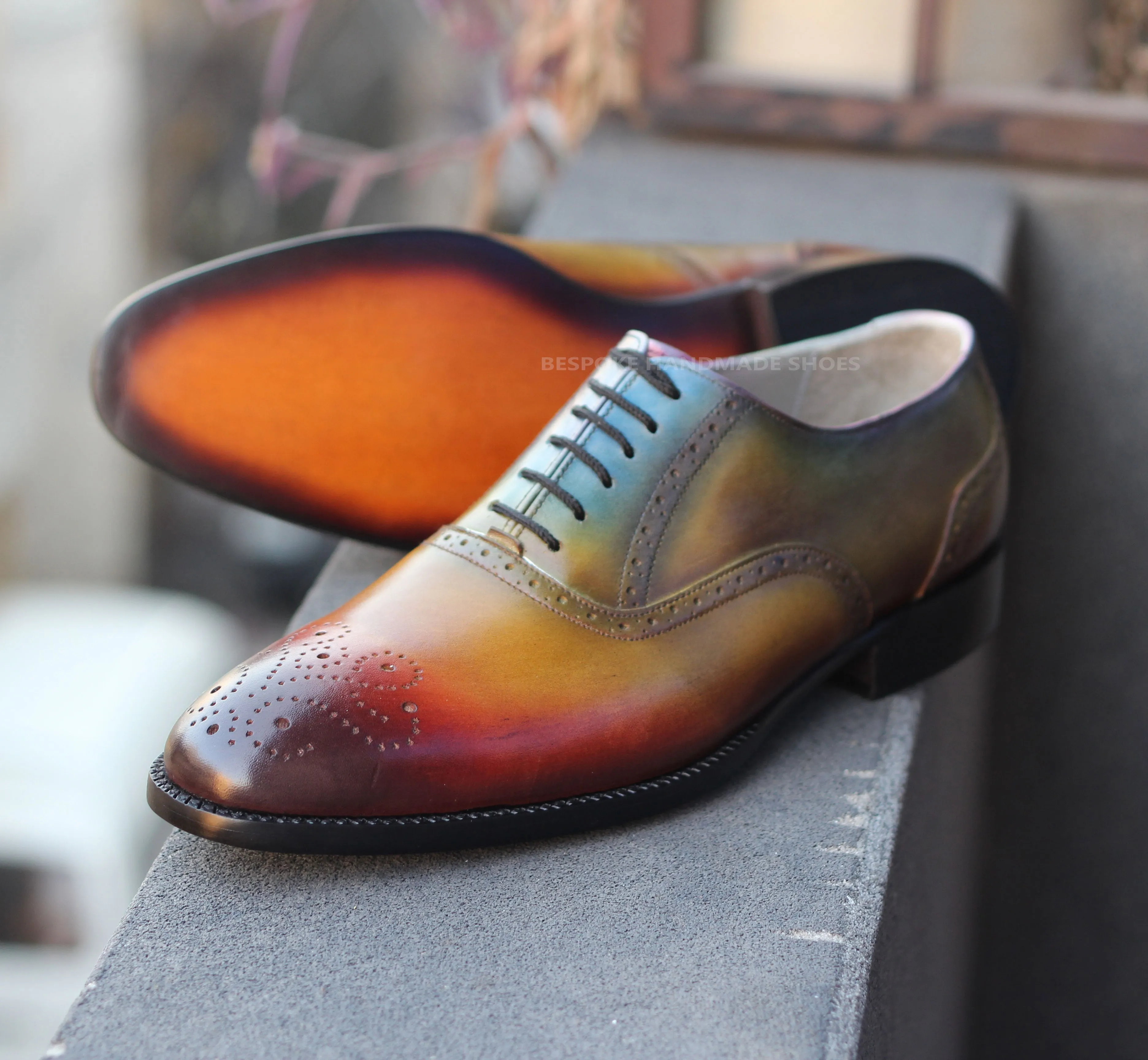 Men's Patina Art multi color Leather Brogue Oxford Dress Handmade man Shoes