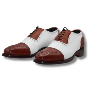 Men's Two-Tone Wingtip Brogues – Artisan-Crafted Leather Oxfords Brown & White Cap-Toe Leather Oxfords – Elegant Formal Shoes – Formal Dress Shoes