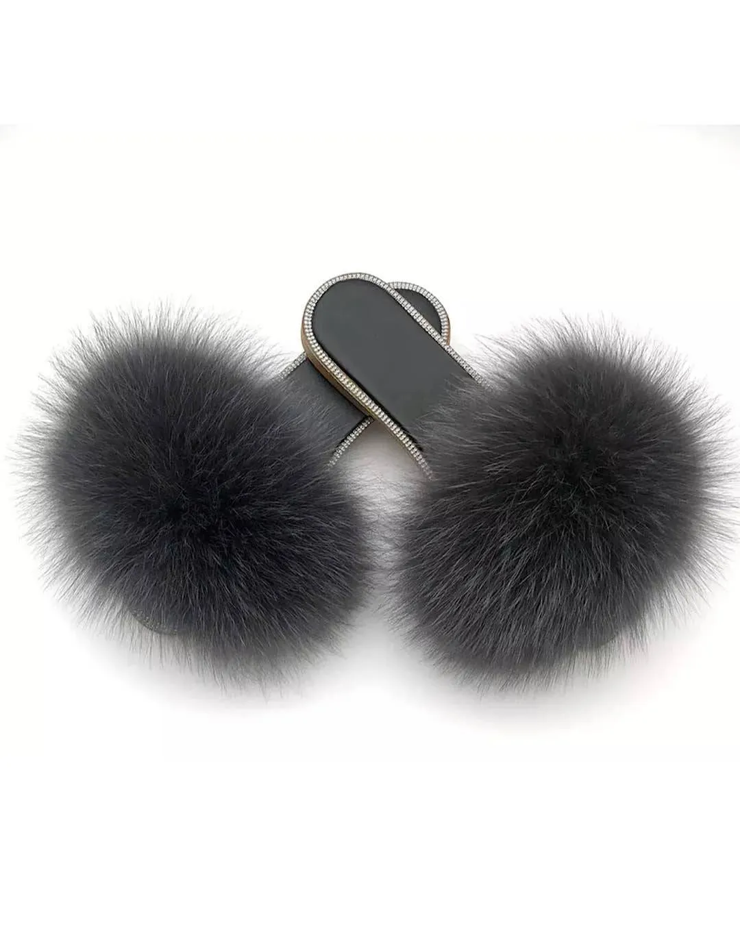 Natural Fur Slides With Rhinestones