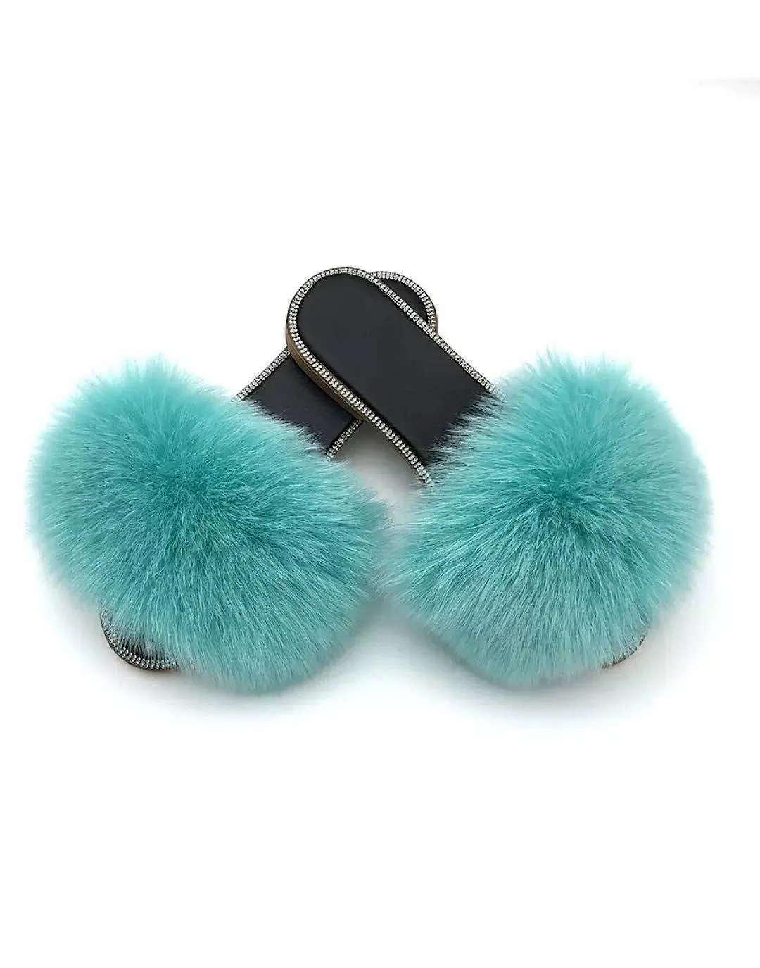 Natural Fur Slides With Rhinestones