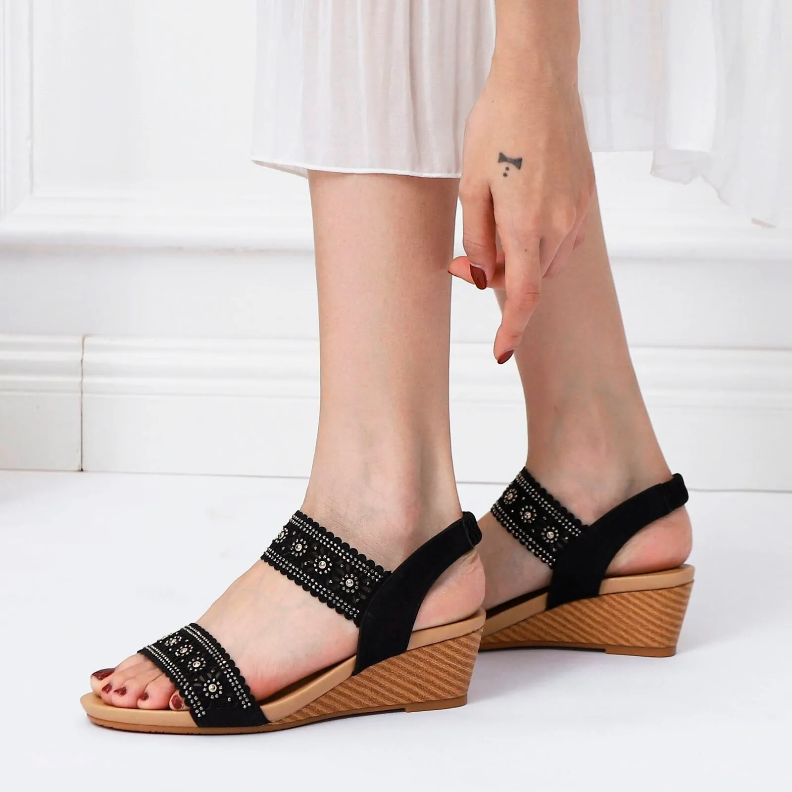 OCW Casual Comfy Soft Sandals For Women Breathable Hollow Rhinestone Embellished Wedges