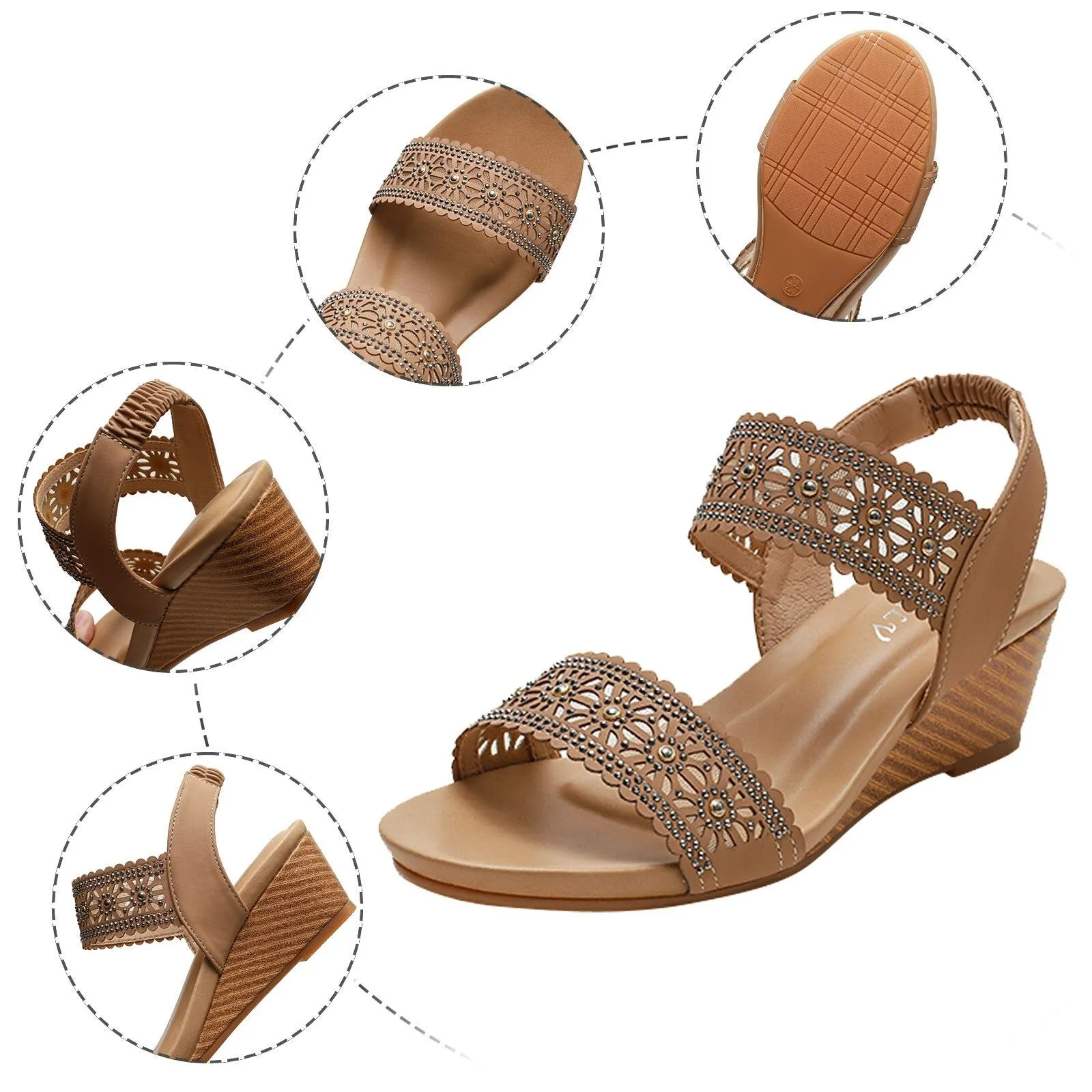 OCW Casual Comfy Soft Sandals For Women Breathable Hollow Rhinestone Embellished Wedges