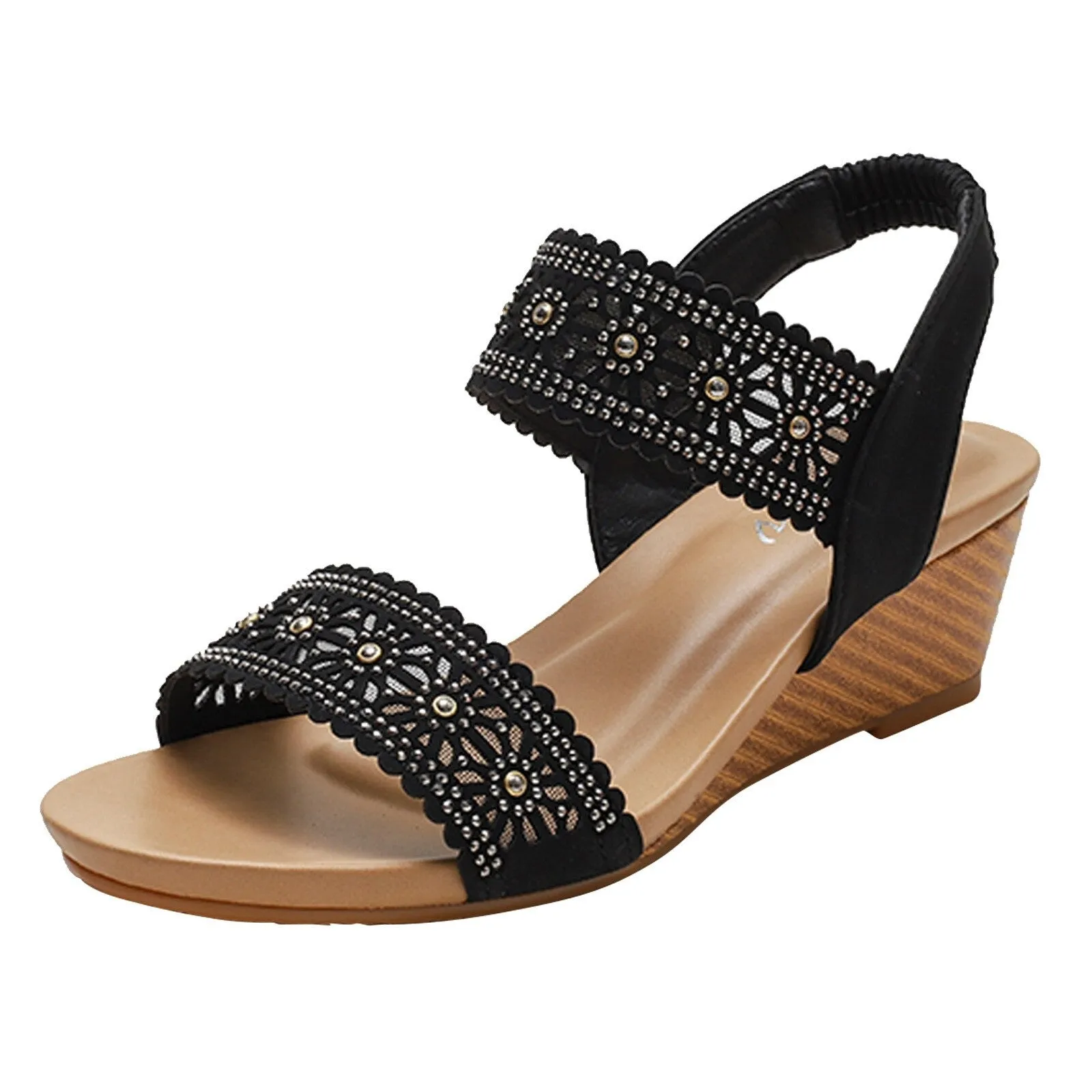 OCW Casual Comfy Soft Sandals For Women Breathable Hollow Rhinestone Embellished Wedges