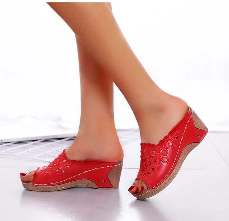 OCW Retro Women Summer Sandals Wedge Flowers Fish Mouth Flowers