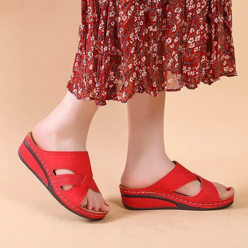 OCW Women Casual Retro Stitching Hand Made Hollow Breathable Comfy Wedges Sandals